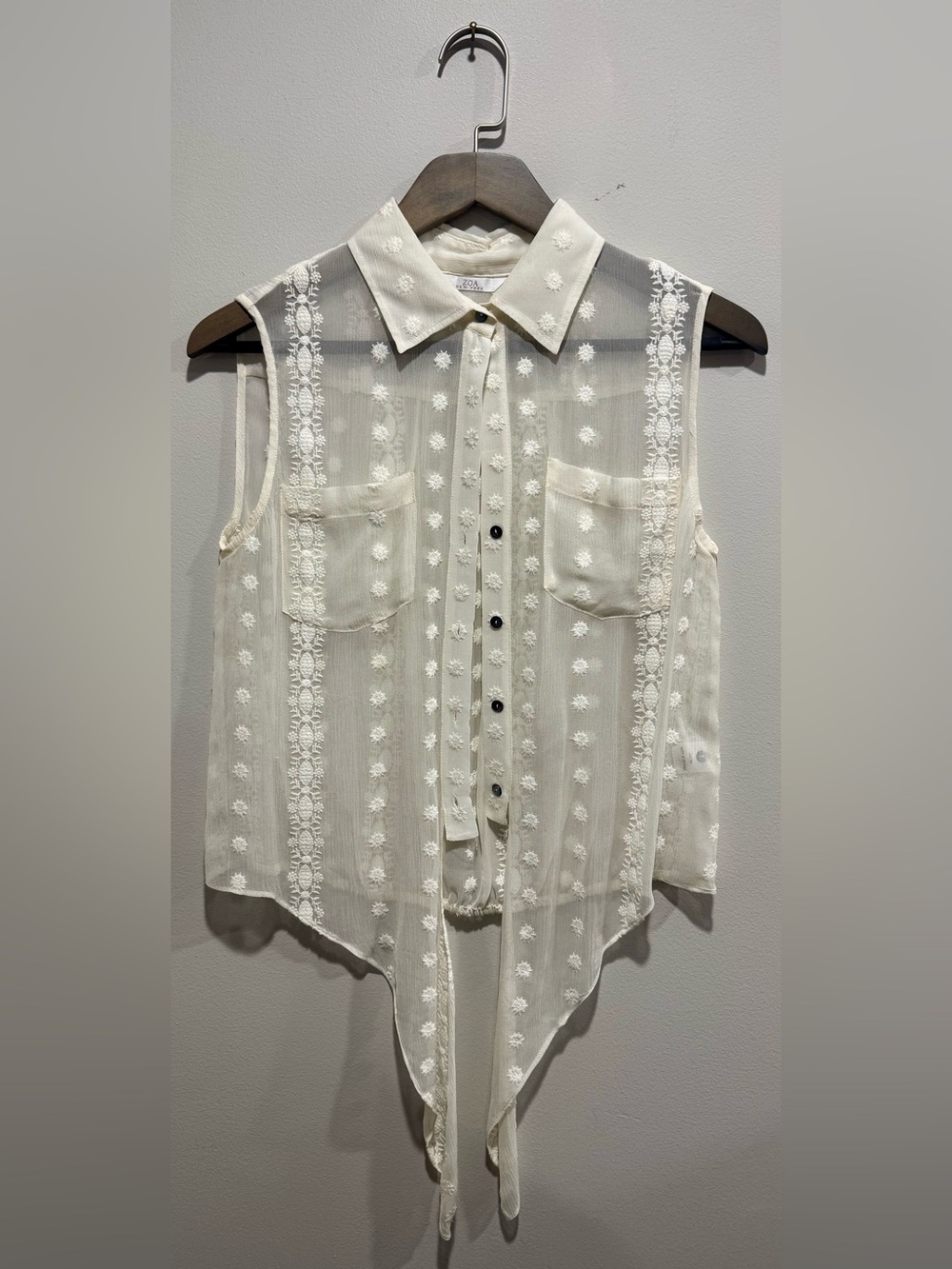 ZOA New York 100% Silk Embroidered Tie Front Boho Blouse XS